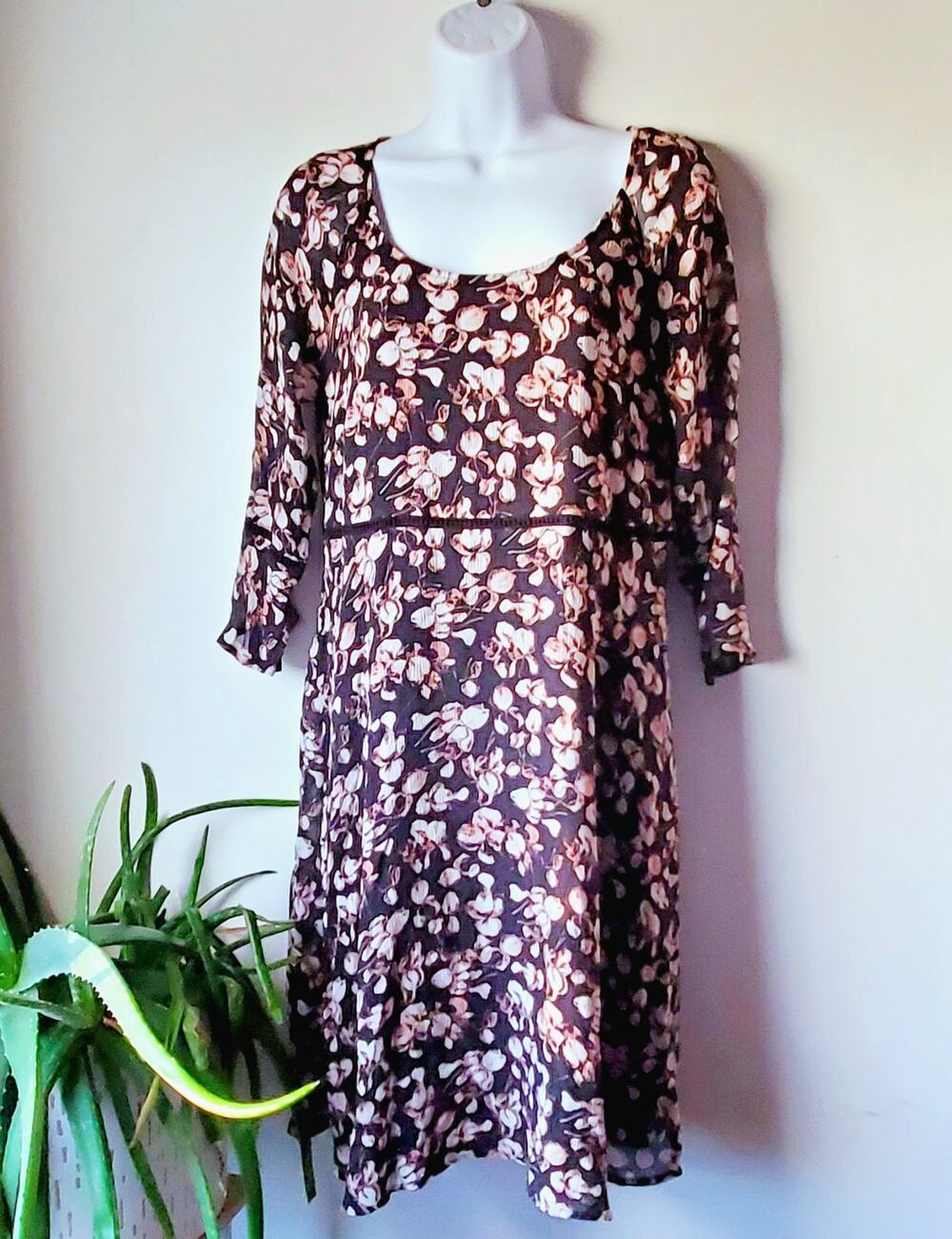 Garnet Hill Womens Floral 100% Silk 3/4 Sleeve Dress Size 6 Boho Cottagecore